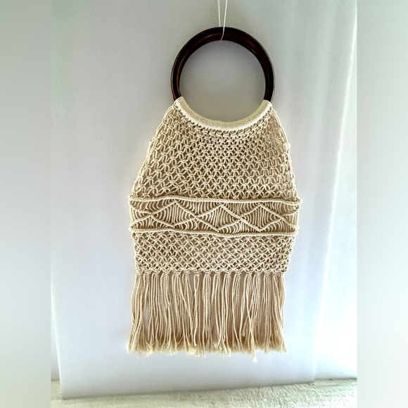 Macrame Crochet Handbag Woven Purse Wood Ring Handles Fringe Boho Bag NEW - Picture 16 of 16